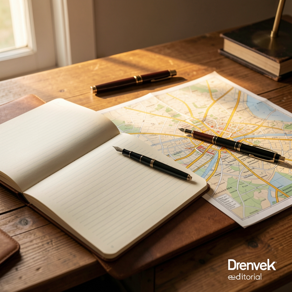 Editorial desk with open notebook, fountain pen and Leeds street map in warm light — Drenvek editorial