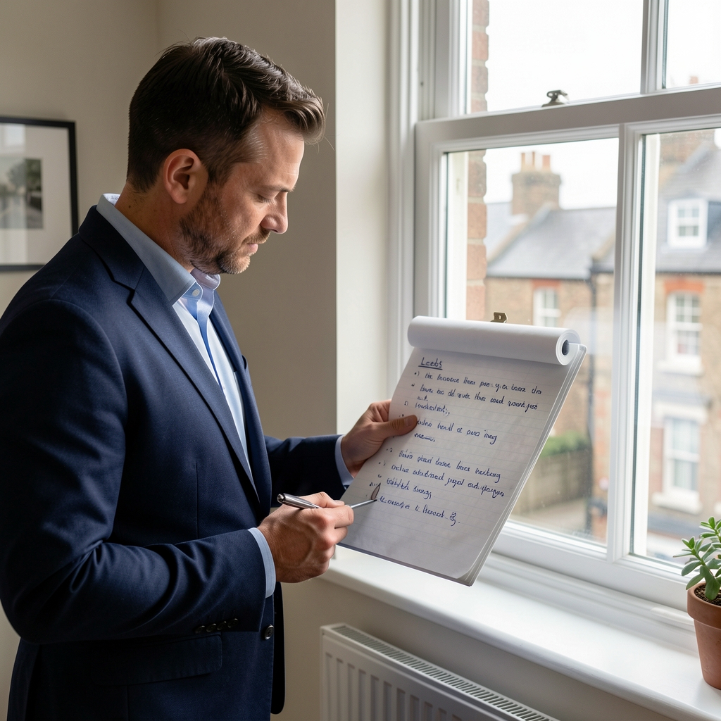 Man reviewing a handwritten plan beside a window in a Leeds flat — Drenvek editorial