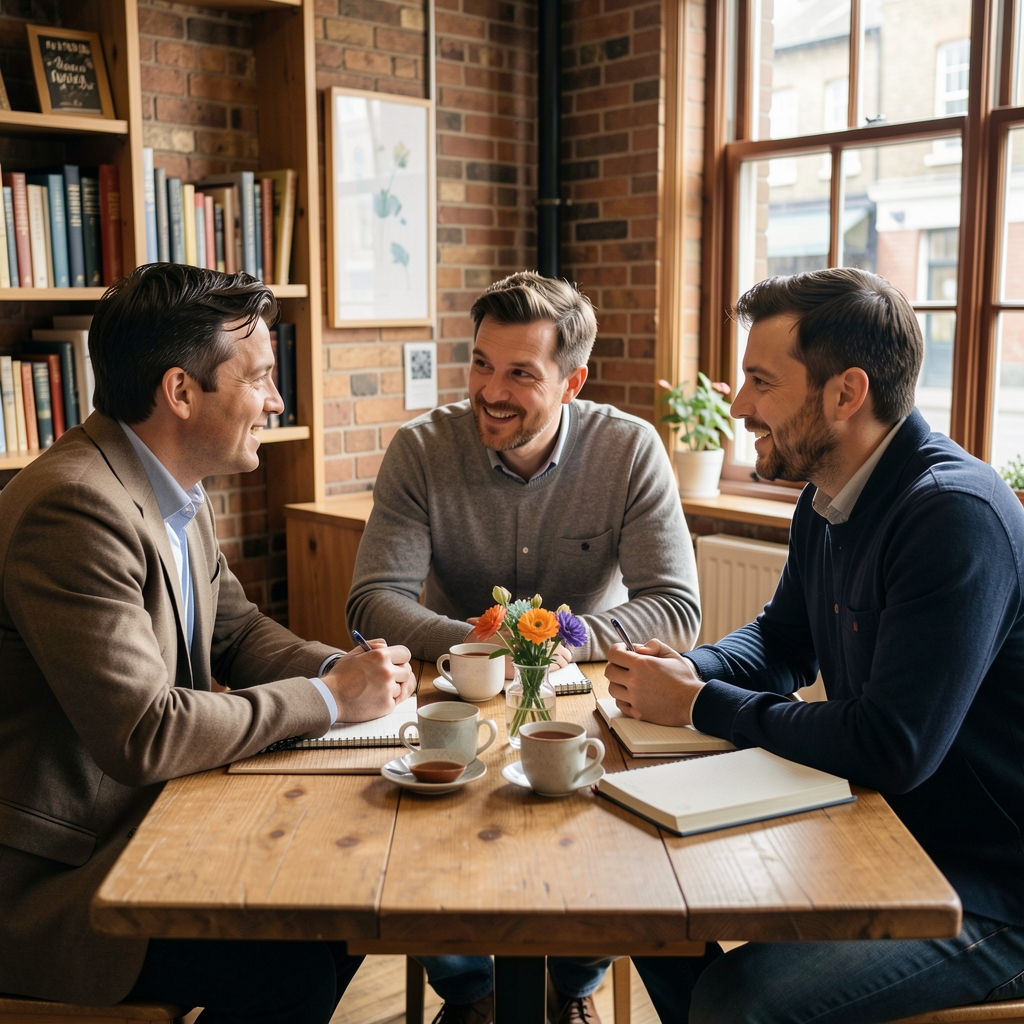 Three men sharing conversation at a community table in Leeds with tea and notebooks — Drenvek editorial