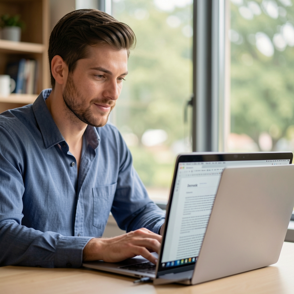 Copy editor reviewing an article draft on a laptop screen in a quiet workspace — Drenvek team