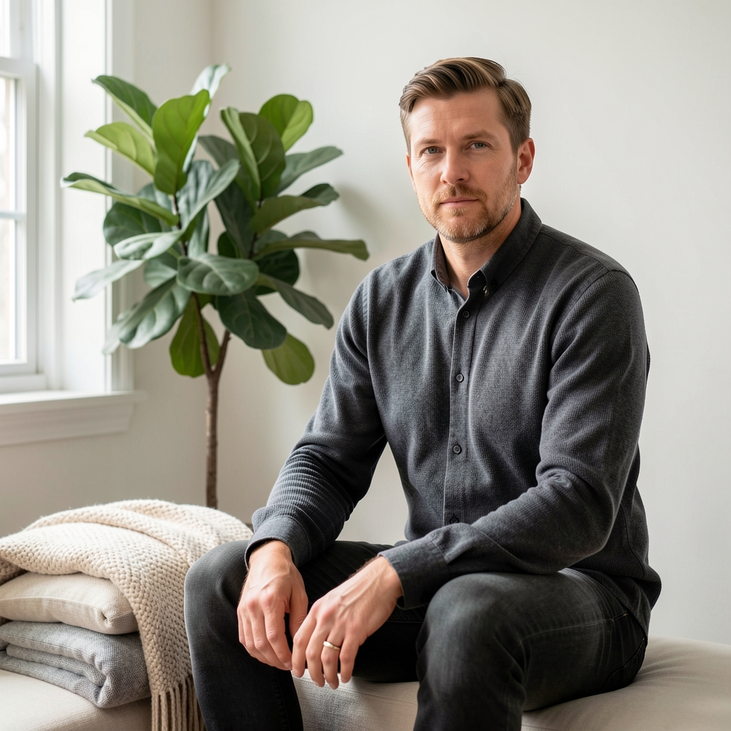 Man seated quietly in a bright room beside a plant and folded blanket — Drenvek editorial