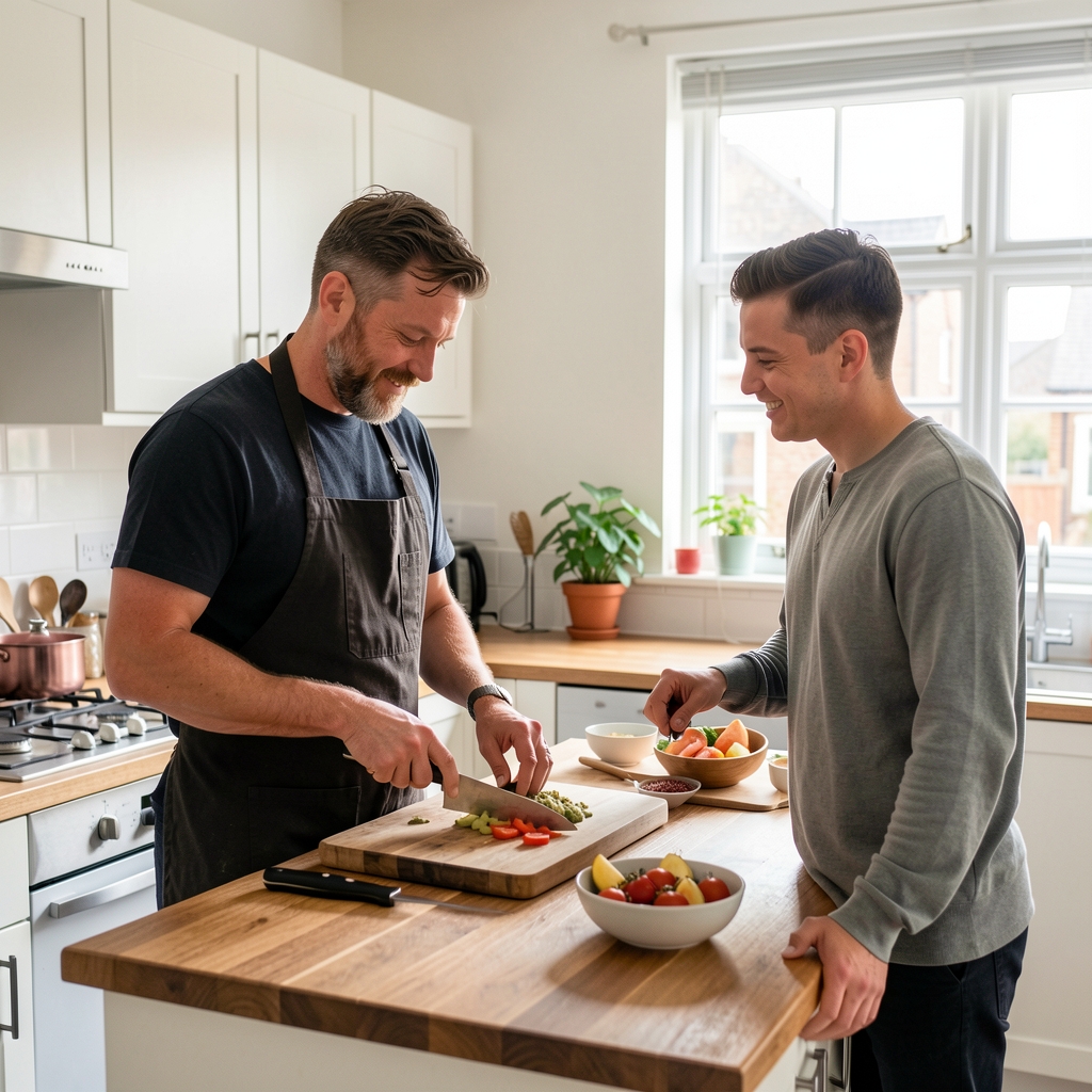 Man preparing food with a friend in a bright shared kitchen in Leeds — Drenvek editorial
