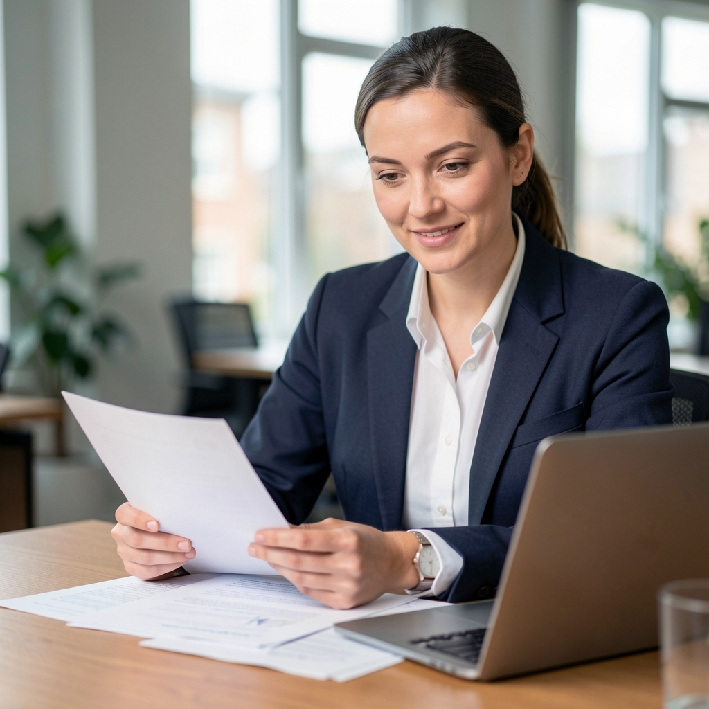 Editor reviewing printed research notes and a laptop at a wooden desk in a Leeds office — Drenvek editorial