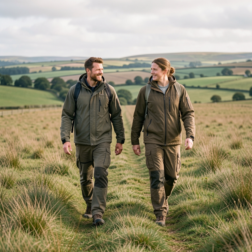 Two friends walking across a Yorkshire field in practical outdoor clothing — Drenvek editorial